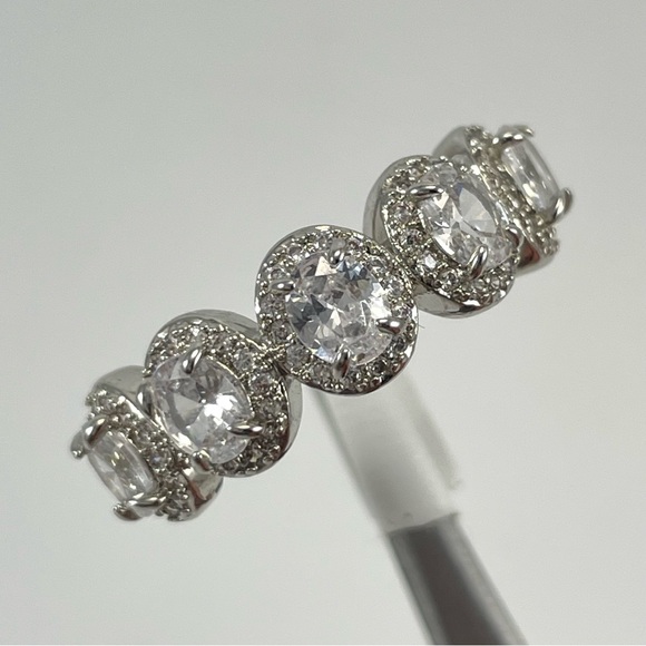 Beautiful Elegant Half Eternity Band Oval Cut Halo Diamond CZ Silver Plated Ring